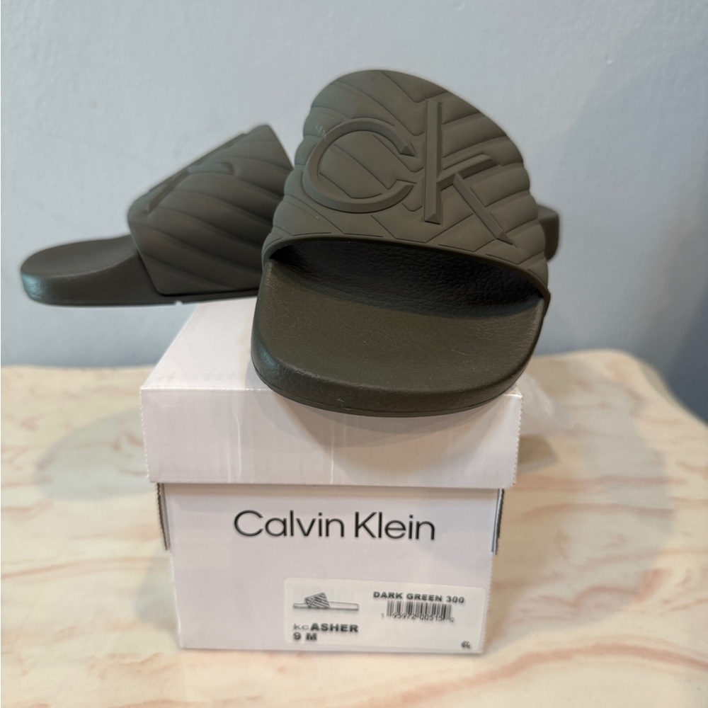 Calvin Klein Olive Green Logo Slide Sandals